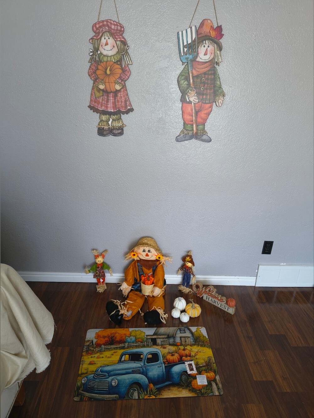 Fall Thanksgiving Country Decor Lot - Wooden Wall Scarecrows, Plush Sitting Doll